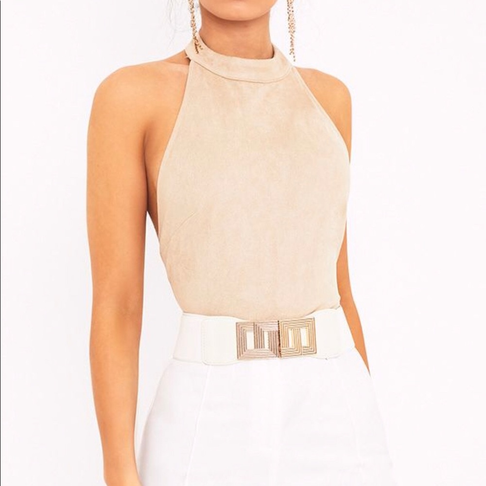 Leigh Mink Suedette Backless Thong Bodysuit